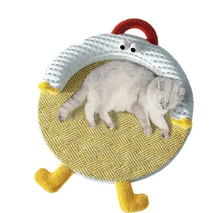Cute cartoon cooling pet bed with rattan mat and cat toy design for summer comfort.