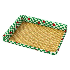 Summer Rattan Cooling Pet Bed L-Shaped Dog Cat Sleeping Mat Green Checkered Design