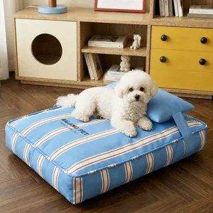 Comfortable striped pet sofa bed with soft pillow, durable and washable dog mat for all seasons.
