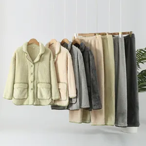 Inverno Caldo Ispessito Pile Corallo Set Pigiama Coppia Manica Lunga Cardigan Indumenti da Notte Tinta Unita Casual