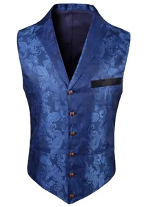 Chaleco de traje jacquard paisley azul para hombre con solapa chal, elegante chaleco formal.