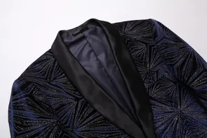Blazer de terciopelo azul oscuro de alta calidad con solapa chal de satén negro y patrón.