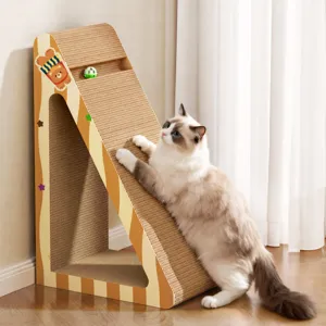 Vertical triangle cat scratching board with ball toy, durable cardboard pet supply for claw care.