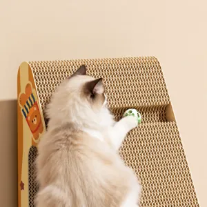 Vertical triangular cat scratcher board with built-in bell ball and interactive toy design for pet cats.