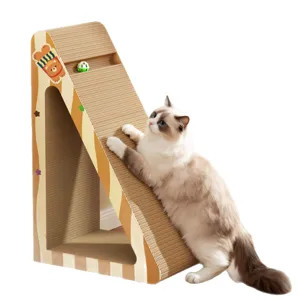 Vertical triangular cat scratch board with interactive ball, durable corrugated paper for claws.