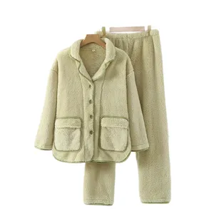 Set pigiama in pile spesso da donna, pigiama invernale caldo a maniche lunghe con tasche.