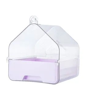 Vasca da bagno per uccelli in plastica trasparente con base viola,accessorio.