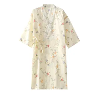Women cotton gauze Japanese kimono bathrobe floral sleepwear long casual lounge robe for summer