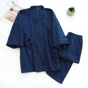 Set pigiama kimono giapponese in cotone da uomo, abbigliamento notte tinta unita con tasca.
