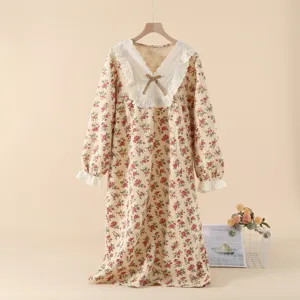 Robe de Nuit Décontractée en Coton pour Femmes à Manches Longues Floral Doux Col Rabattu Nœud Midi Vêtement de Maison