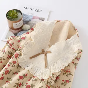 Femme automne hiver chemise de nuit florale manches longues en air layer col dentelle.
