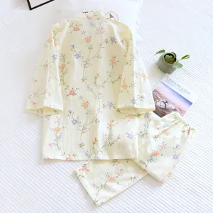 Details of Japanese style cotton floral kimono pajama set, soft fabric, comfortable sleepwear.