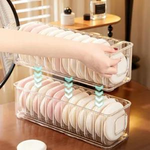 Clear acrylic makeup puff storage box, multi-grid desktop cosmetic organizer detail.
