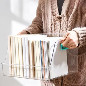 Transparent PET Desktop Book Storage Box Large Capacity Children Picture Book Organizer Shelf Slanted Opening File Magazine Holder With Handles For Student Office Desk