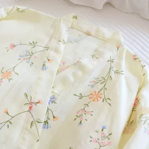 Floral print kimono pajama top detail shot, soft cotton sleepwear collar and embroidery