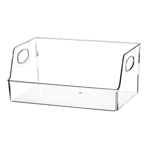 Clear acrylic desktop storage box detail showing transparent organizer bin with side handles.