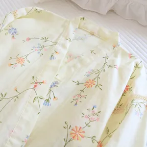 Japanese floral cotton pajama kimono robe detail view, soft cozy sleepwear surface.