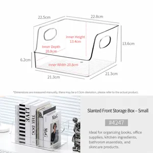 Clear desktop storage basket with slant opening for books, stationery, and cosmetics.