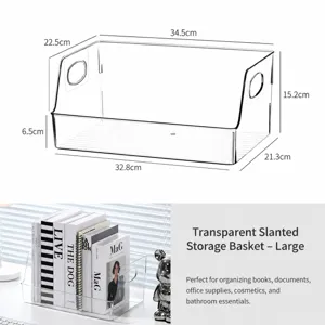 Clear acrylic slanted desktop storage box for books, stationery and organizers, large capacity.