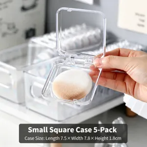 Clear acrylic powder puff storage box with flip lid, portable desktop organizer for makeup.