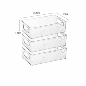 Transparente stapelbare Kunststoff Aufbewahrungsboxen für Kühlschrank und Schreibtisch.