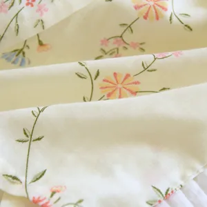 Close up detail of soft cotton fabric featuring delicate floral pattern and green vine design.
