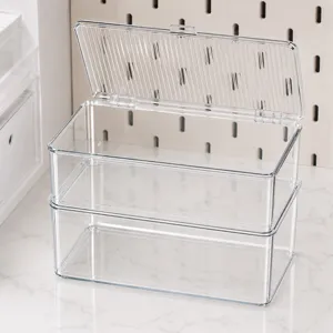 Clear Desktop Storage Box With Lid Stackable Transparent Rectangular Makeup Organizer Acrylic Flip Top Storage Bin For Home Bedroom Office
