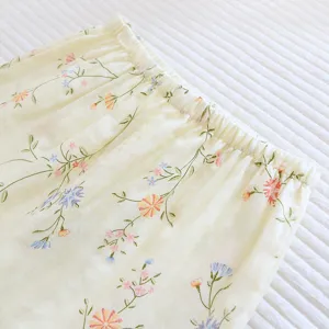 Women cotton pajama pants detail, delicate floral embroidery, elastic waist, soft home wear