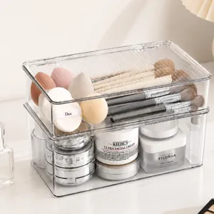 Clear acrylic makeup storage box with flip lid, dustproof cosmetic organizer for desktop.