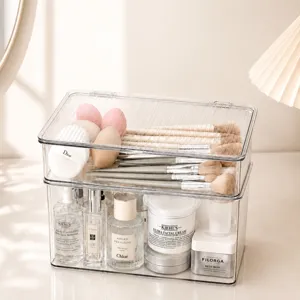Clear acrylic desktop storage box with flip lid, dustproof cosmetic organizer for makeup and sundries.