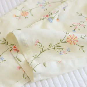 Floral cotton pajama cuff detail, soft fabric close-up, comfortable homewear texture.