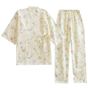 Cotton Japanese Kimono Pajama Set Floral Sleepwear Loungewear for Women Main View