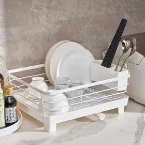 White dish drying rack kitchen organizer with cutlery holder and draining tray for tableware