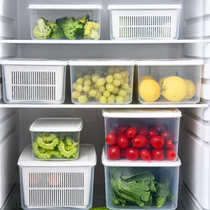 Cestello Drenante a Doppio Strato Contenitore per Alimenti da Frigorifero Organizer in Plastica con Coperchio per Frutta Verdura Carne