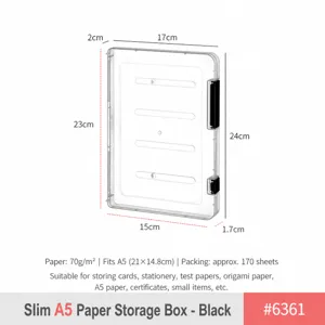 Scatola di archiviazione trasparente per documenti A5 in plastica con fibbie nere.