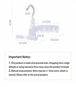 Detail view of a white 5-hole folding clothes hanger with full dimension measurements.