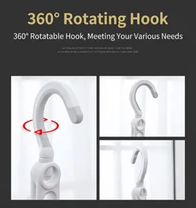 Close-up detail of 360-degree rotating hook on a portable 5-hole clothes hanger.