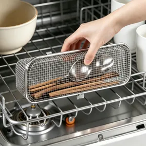 Stainless steel dishwasher basket with lid for cutlery, spoon and chopstick drainage cage.