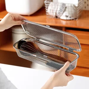 Stainless steel mesh dishwasher cutlery basket with lid for kitchen chopstick drainer.