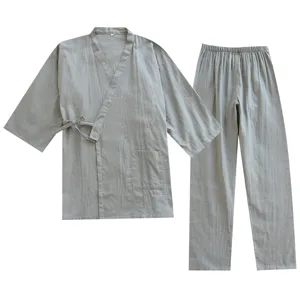 Pigiama Kimono Uomo Cotone Maniche Lunghe Abbigliamento Notte Unito Set Casa Top New
