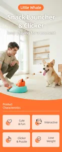 Gedetailleerd overzicht van de huisdier snack launcher met interactieve klikker.