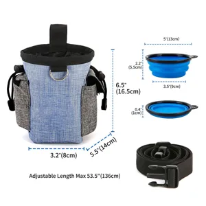 Portable dog training treat pouch with bowl and adjustable belt, dimension details.