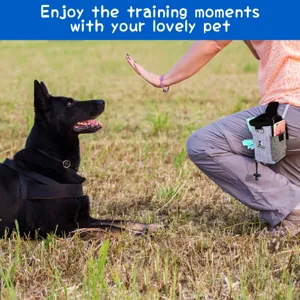 Outdoor dog training treat pouch in use, featuring oxford fabric and handy side pockets.