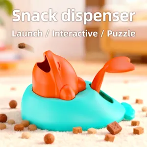 Interactieve snackdispenser speelgoed voor honden en katten, blauw en oranje design.