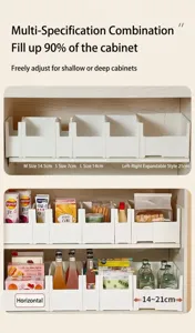 Boîtes de rangement ajustables organisées dans un garde-manger avec dimensions