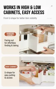 Detailed view of white U-shaped storage box being accessed in a kitchen wall cabinet
