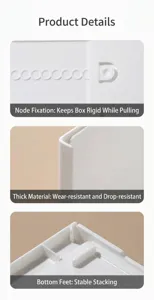 Macro views of telescopic mechanism, thick material, and stacking feet of storage box