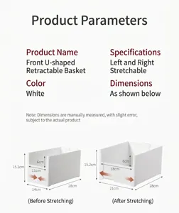Detailed dimensions of expandable kitchen cabinet storage box in white