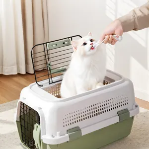 Detail view of the pet carrier showing top-opening mesh for easy feeding and interaction.