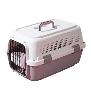 Portable pet carrier crate for cats and dogs, airline approved travel cage in white and purple.